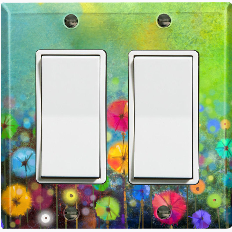 Metal Light Switch Plate Outlet Cover (Colorful Flowers Green - Double Rocker)