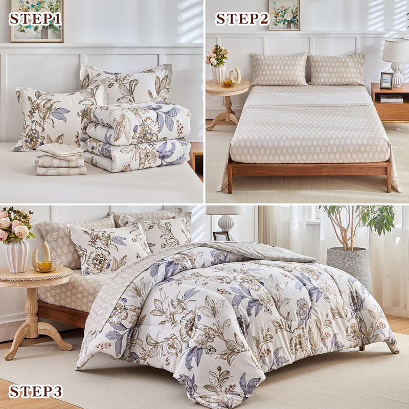 Queen Floral Microfiber Reversible Bed in a Bag Set