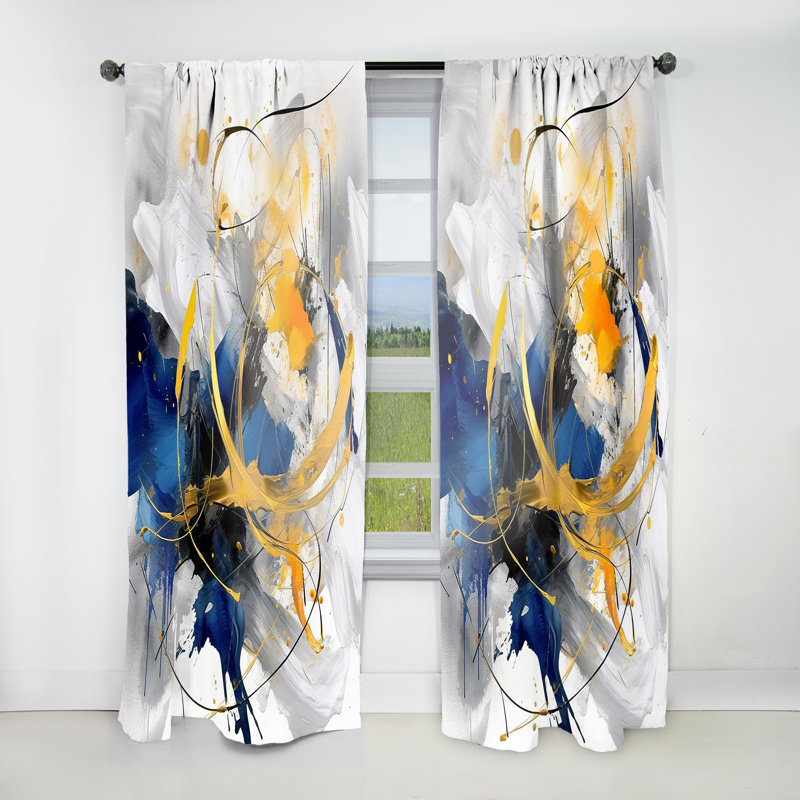 Dark Blue And Gold Strokes XIV - Abstract Velvet Curtain - 1 Panel, 52" W x 95" L
