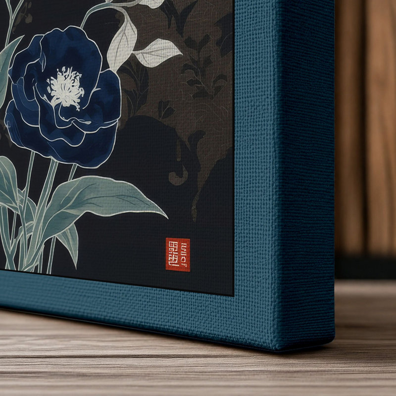 Moonlit Indigo Blooms Botanical - Wrapped Canvas, 30x20 - 76.2 x 50.8 cm, Teal Border