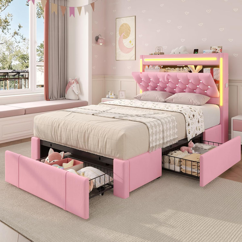 Structure de lit avec 3 tiroirs de rangement XL, Lit simple, Rose
