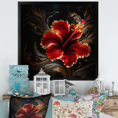 " Red Gorgeous Gilded Hibiscus On Black I "