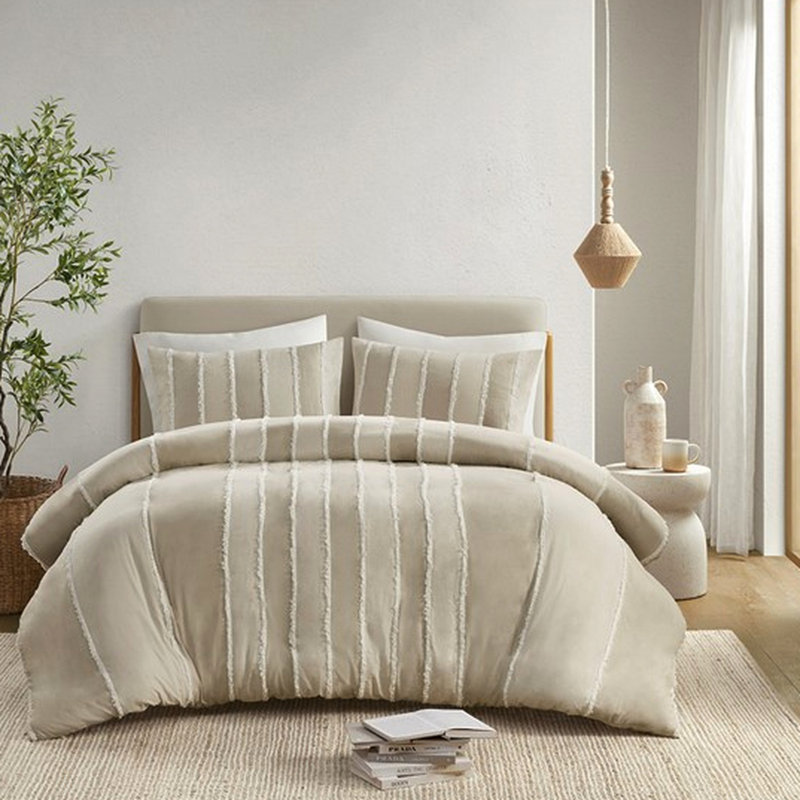 Housse de couette 3 pièces en coton double / grand avec textures à rayures verticales