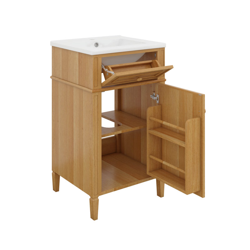 Petit meuble-lavabo de 20 po avec lavabo, lavabo autoportant doux avec porte à fermeture, tiroir inclinable et tablette réglable, poignées en bois