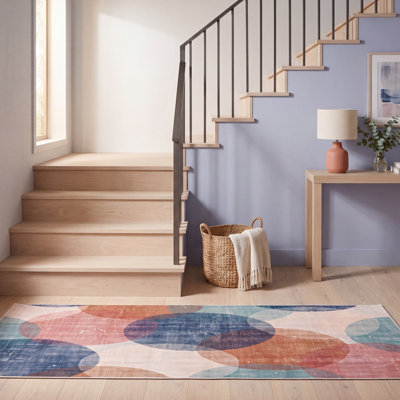 Tapis Estuary2 Modern Circles à motifs géométriques turquoise, rose et crème, lavable à la machine, antidérapant, à poils courts, pour l'intérieur et l'extérieur, adapté aux animaux domestiques, idéal pour le salon, la chambre, la salle à manger, l'entrée, le couloir ou le bureau.