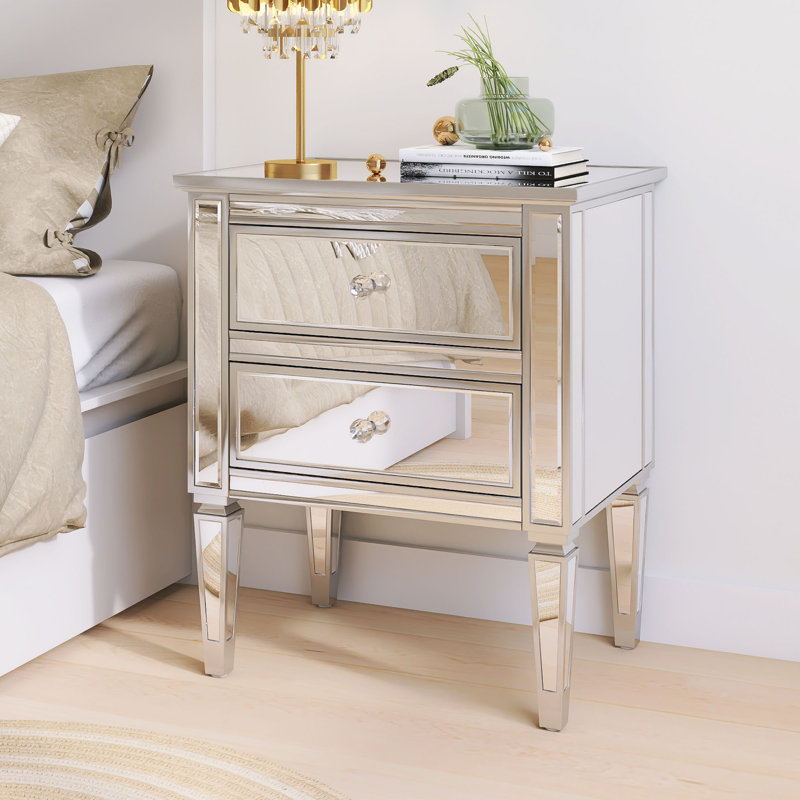 Élégante table de chevet à miroir argentée avec 2 tiroirs pour le salon, la chambre à coucher et le vestibule