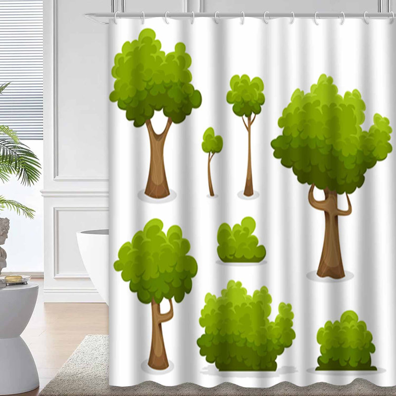Forest Trees Cartoon Spring Summer Green Shower Curtain with 12 Hooks, 72" L x 84" W