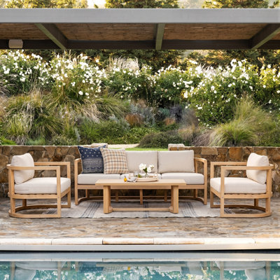 Kaida Outdoor Acacia Wood Conversation Set With Rattan-Woven Back & Cushions