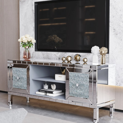 Meuble de divertissement moderne en miroir de 60 po, support pour téléviseur de 65 po, conception en diamant concassé, console à tablettes ouvertes spacieuses, portes en verre, rangement, rangement fonctionnel pour le multimédia, sans effort