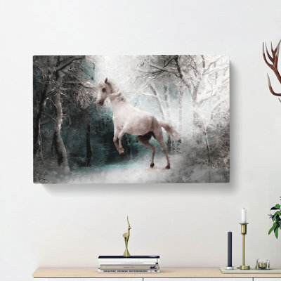 White Horse Rearing in a Winter Forest - Wrapped Canvas