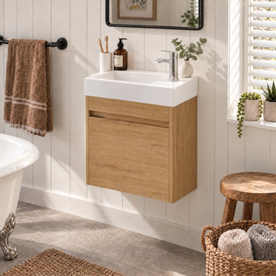 Meuble-lavabo mural simple de 45,7 cm (18 po) avec comptoir en céramique, meuble suspendu en bois et lavabo en céramique.