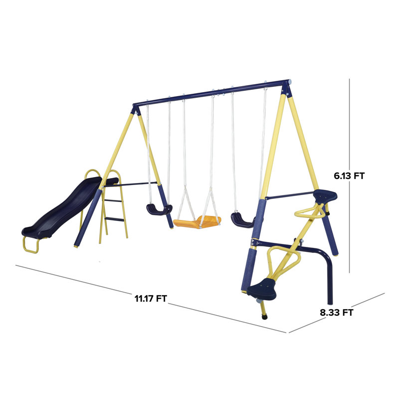 Yellow Metal Outdoor Swing Set with Slide and Teeter-Totter