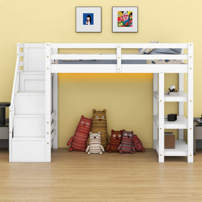 Lit mezzanine avec tablettes, escalier de rangement, petite armoire et lumière DEL blanche