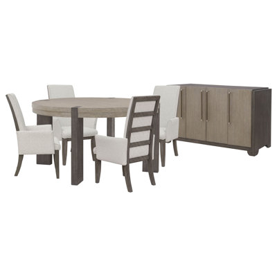 Inzillo Round Dining Table With 4 Upholstered Arm Chairs And Sideboard