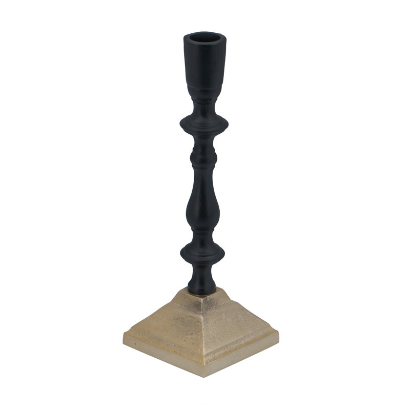 9” Black and Gold Taper Candle Holder with Traditional Spindle Design, Decorative Aluminum Candlestick for Mantel, Tabletop, or Centerpiece 