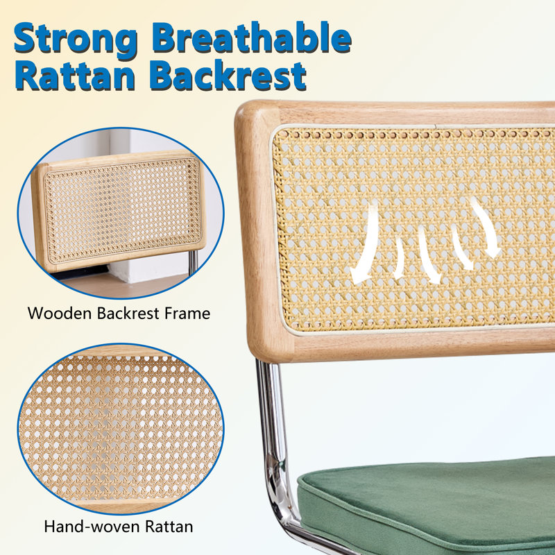 Chairs - Scandinavian Velvet Dining Chair - Rattan Back Chair - Metal Legs, 2, Green