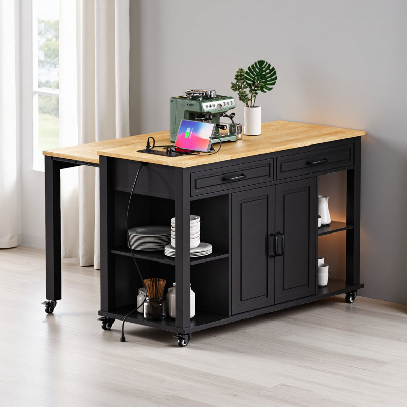 47 Inch Kitchen Island With Extendable Dining Table, Rubber Wood Veneer Kitchen Table With Internal Storage Rack, Black