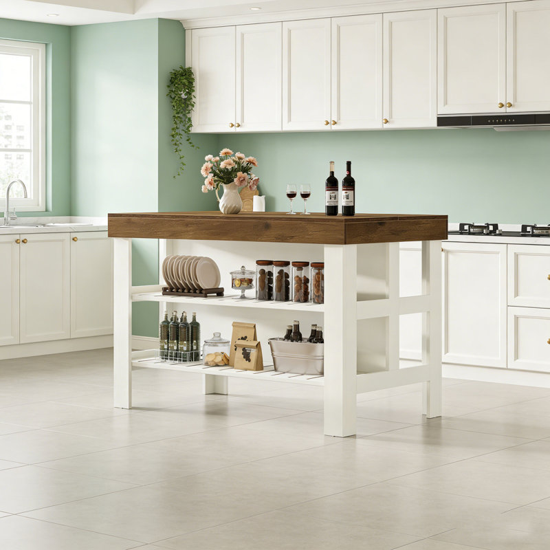 Îlot de cuisine avec tablettes de rangement pour la salle à manger de cuisine, Brun / Blanc