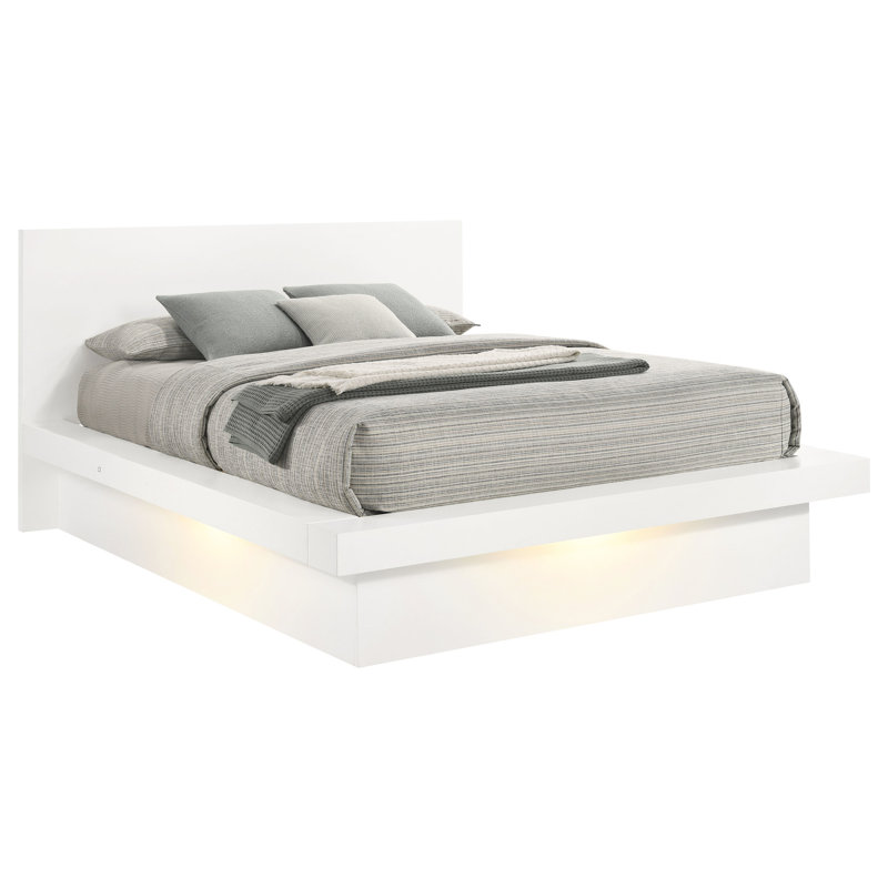 Grand lit blanc neige avec panneau et éclairage à DEL, structure, finition de pièce de chambre à coucher - panneau intégré, structure, convient pour