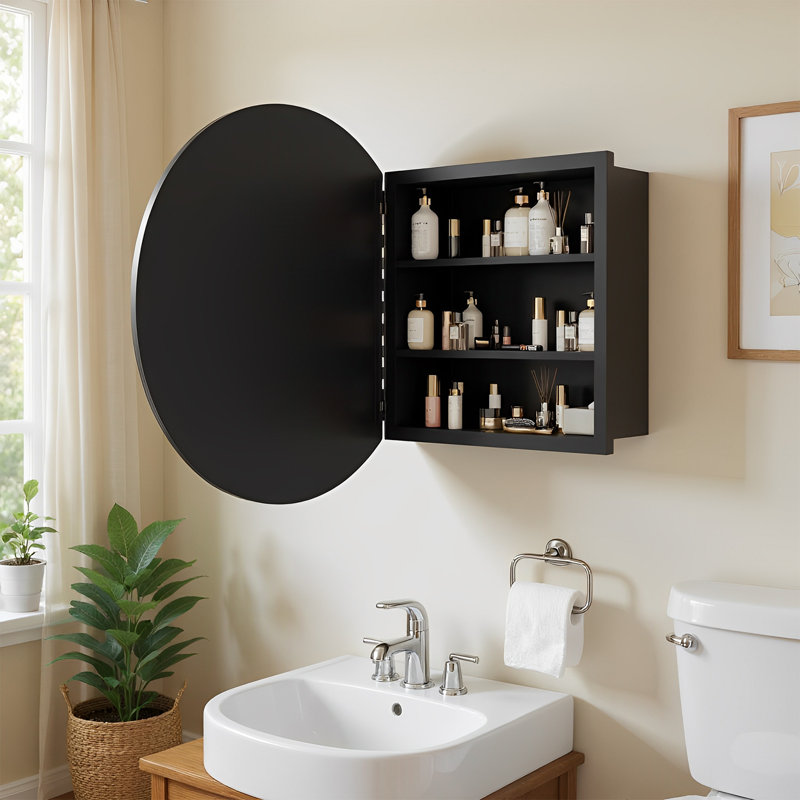 Armoire ronde pour miroir de salle de bain | Armoire de rangement murale à une porte | Cadre en fer noir mat | Tablettes réglables | Prêt à assembler | 20,5 po de diamètre x 4,9 po de profondeur