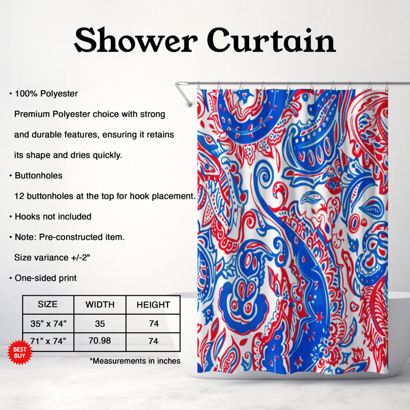 Rideau de douche standard 1 pièce, H 74 po x l 71 po, Rubis et cachemire azur