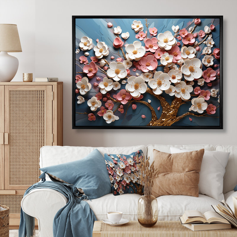 Orchidée rose et or jardin de branches I - art mural arbre, H 34 po x l 44 po x P 1,5 po, Cadre flottant noir