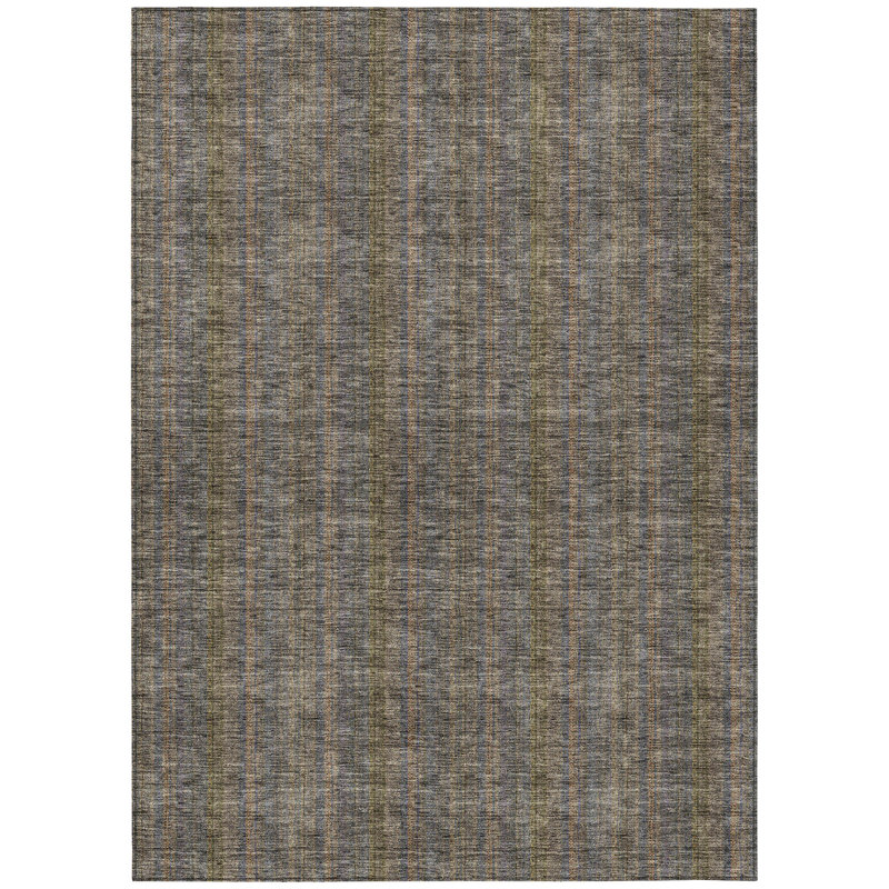 3' X 5' Taupe Denim Blue And Olive Green Striped Washable Indoor Outdoor Area Rug