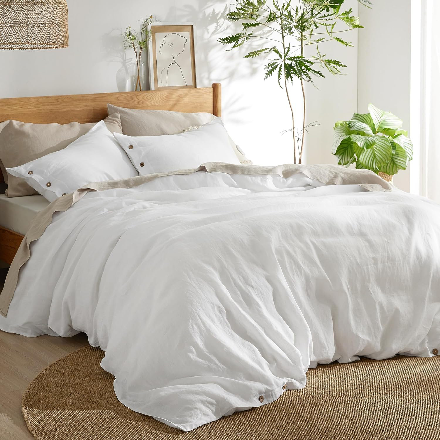 Bedsure Linen Cotton Blend Duvet Cover Set, King Duvet Cover + 2 King Pillowcases, White