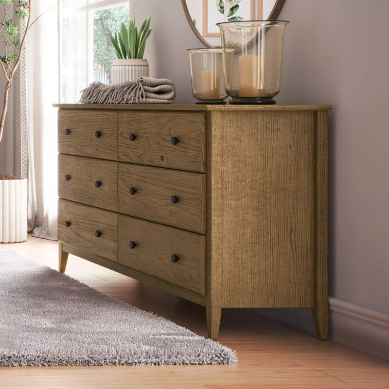 Greenport 6 Drawer 63.75" Solid Wood Double Dresser, Brushed Hickory