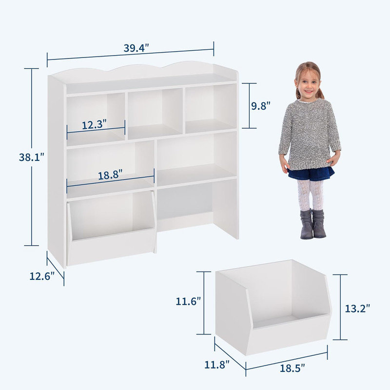 Toy Storage Organizer with 5 Cubbies & 2 Movable Drawers, Kids Bookshelf with Hidden Wheels, White