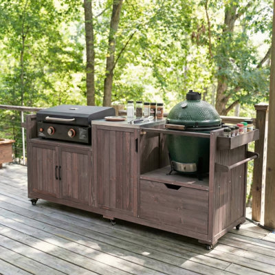 Îlot de cuisine extérieur 80,5 po pour grande plaque à œufs verts et Blackstone, table de chariot en bois massif avec plateau en acier inoxydable, tiroir pour grand gros œuf vert et plaque chauffante Blackstone de 21 po / 28 po