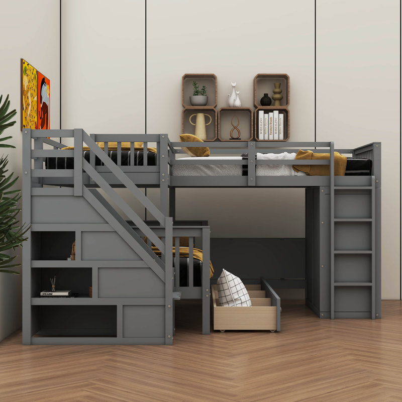Lit superposé polyvalent simple en forme de L sur double avec tiroirs, bureau mobile portatif et garde-robe spacieux, Gris