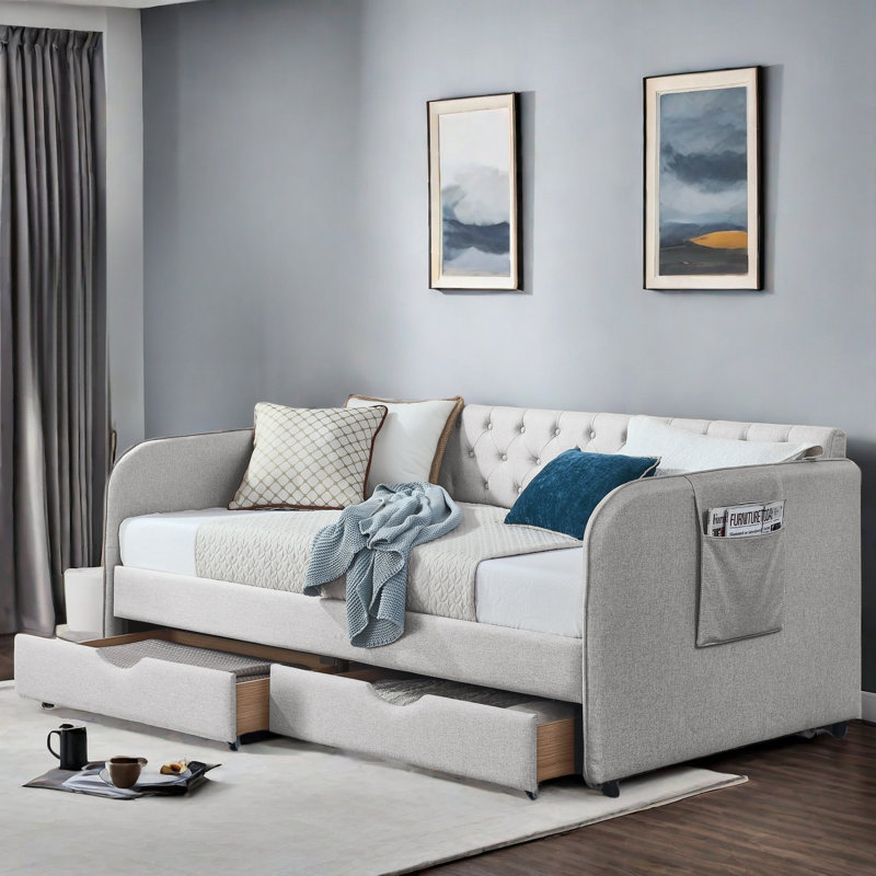 Braddon  Daybed With Trundle, Two Drawers , Side Pockets And Button Tufted Design, Beige