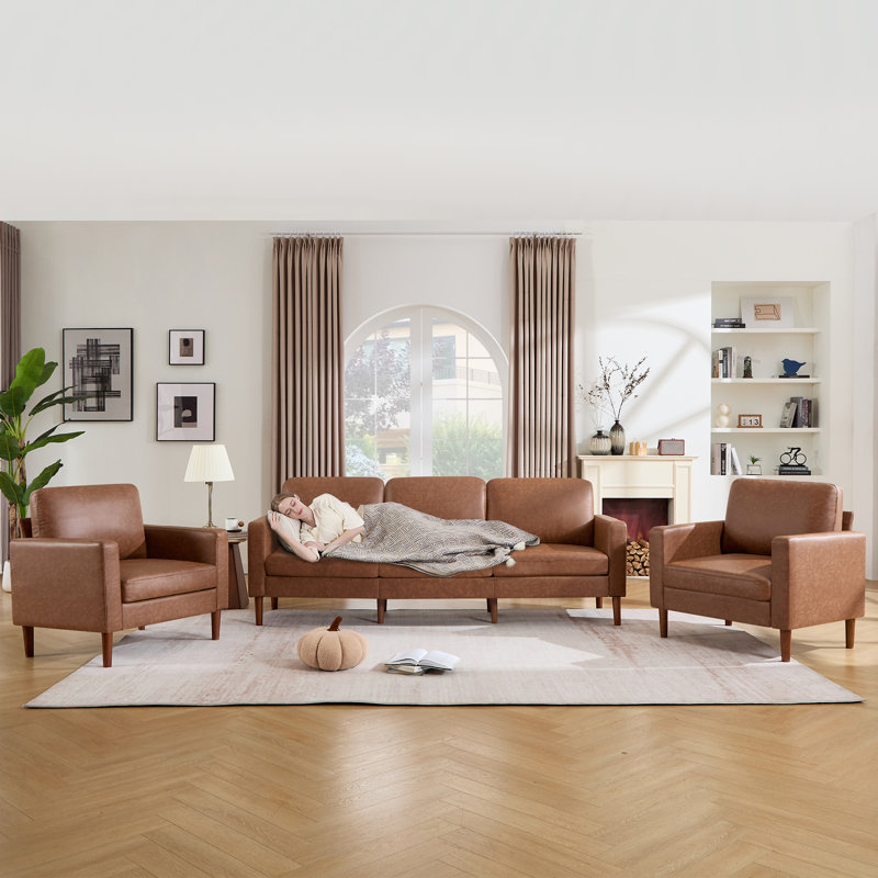 Ensemble de salon avec canapé 91,73 po et 2 fauteuils, Similicuir brun