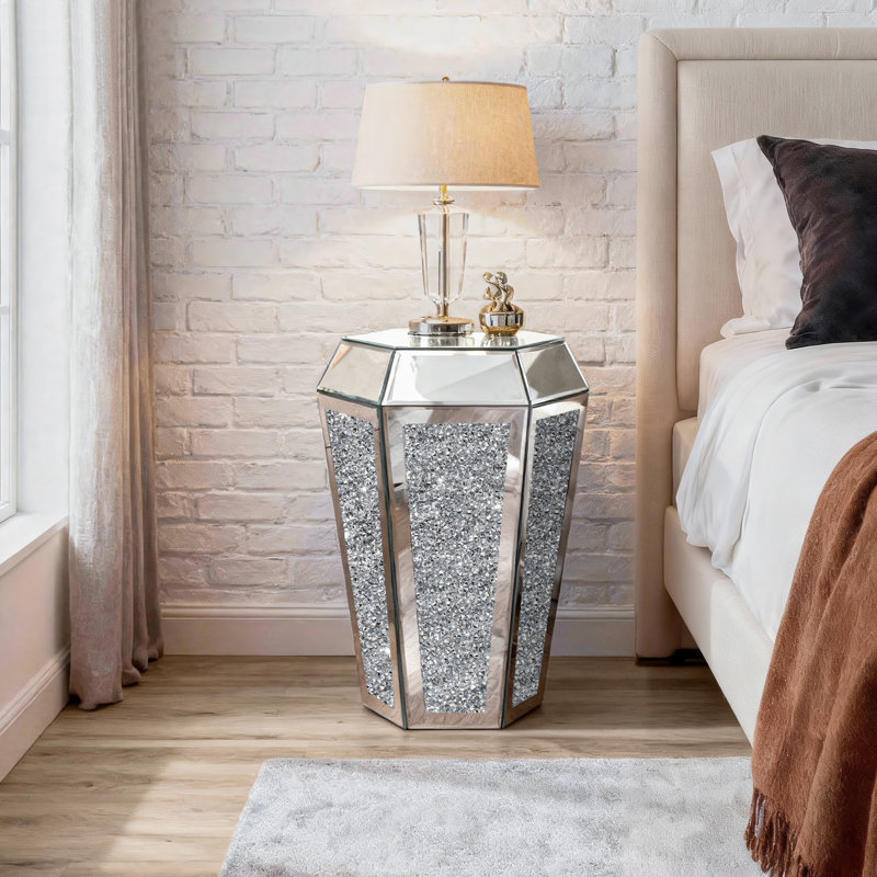 Amla 22" H Geometric Mirrored Glass End Table Crystal Inlaid 