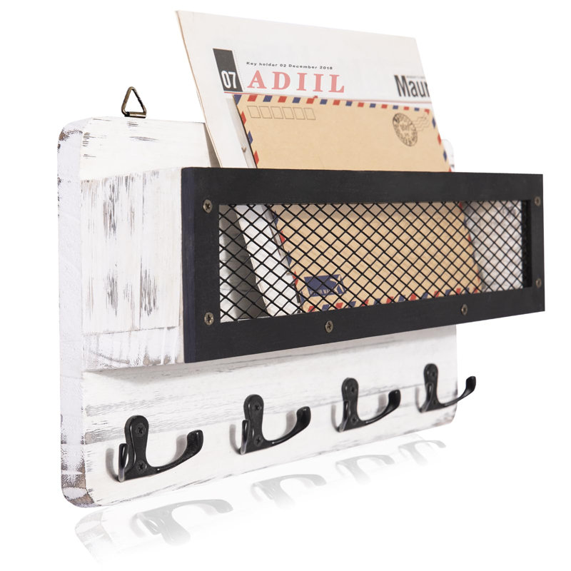 Porte-courrier et porte-clés pour décoration murale, porte-clés mural en bois avec 4 crochets à clés doubles, décoration rustique pour entrée, blanc