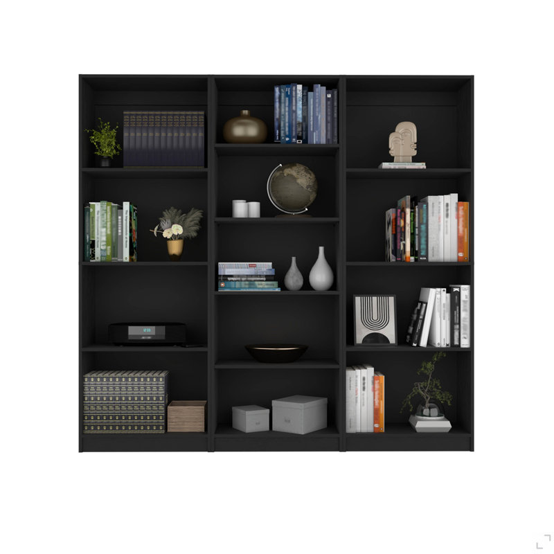 Ensemble de bibliothèque 3 pièces Lainor, 74 po de largeur avec 13 tablettes, ensemble de salon noir, Noir
