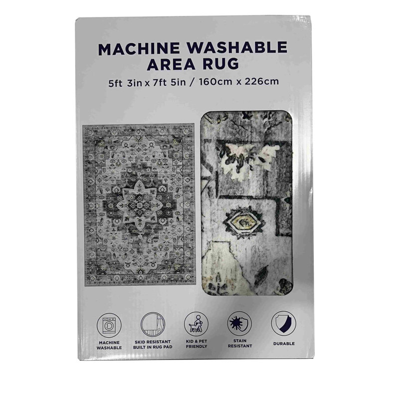 Claribell is a soft printed rug, size 5.3x7.5 feet, machine washable, non-slip backing, packaged in a box.