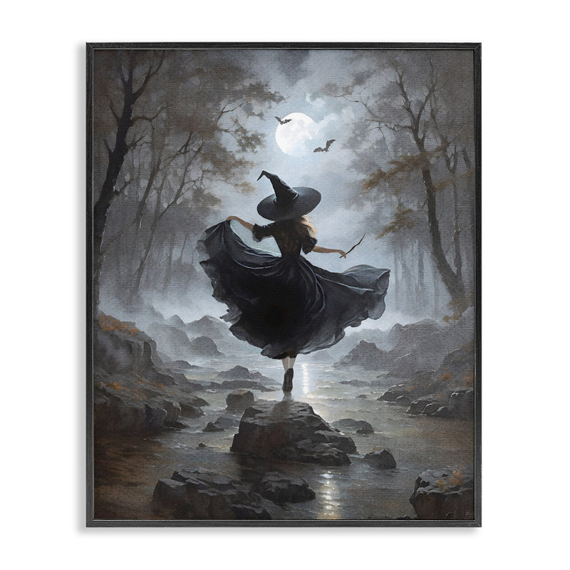 Witch in Moonlit Forest Framed Giclee Art, design by Jo Moulton, Midnight Black Framed Giclee, 14" H x 11" W