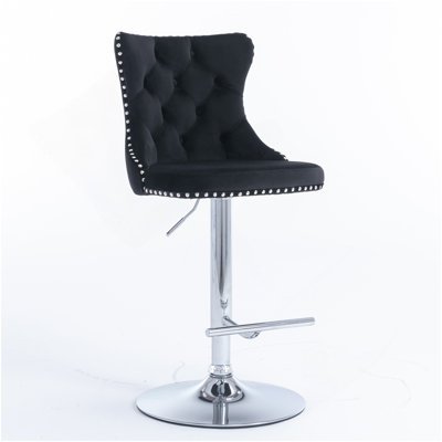 Tabourets de bar pivotants en velours à hauteur de siège réglable de 25 à 33 pouces, tabourets de bar à base chromée avec dossier capitonné confortable pour un pub à domicile et un îlot de cuisine, ensemble de 2, AS1712BK, noir