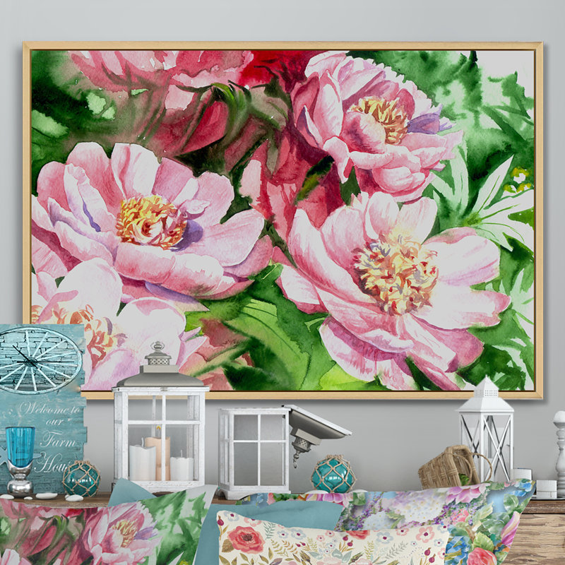 Aquarelle, pivoines roses, reproduction sur toile flottante, H 24 po x l 36 po x P 1 po, Cadre flottant brun