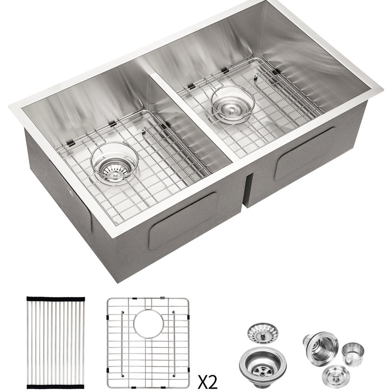 Évier de cuisine 30 "X 19" à double cuve 50/50 en acier inoxydable encastré de calibre 16, cuves profondes de 10 ", fait à la main, bonde arrière de 3,5 po, rainures en X pour un drainage optimal de l'eau, patins d'insonorisation de 3 m