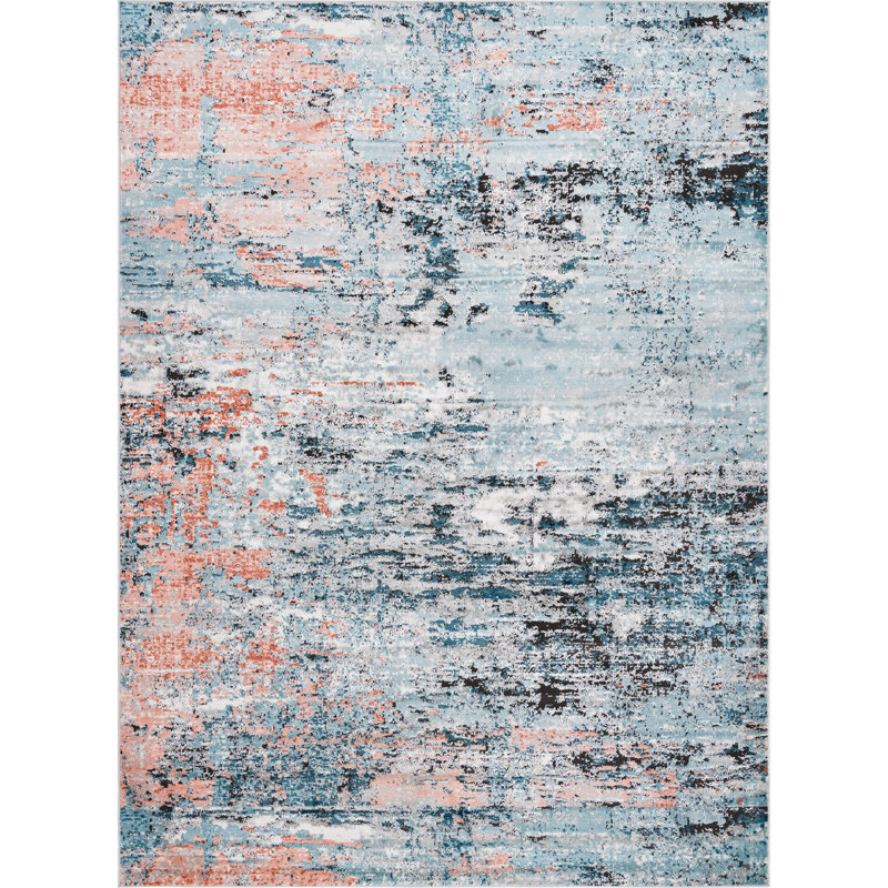 Tapis abstrait bleu / noir / orange en polypropylène tissé à la machine, Rectangle 8 pi x 11 pi