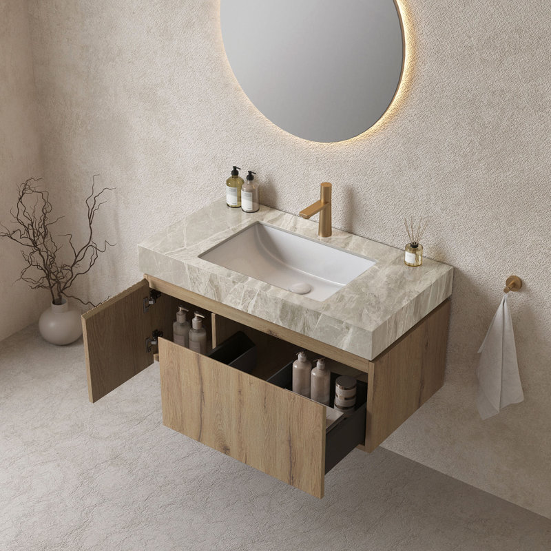 Meuble-lavabo de 36 po avec lavabo, armoire de rangement flottante murale en contreplaqué avec tiroir et porte, comptoir en pierre frittée avec lavabo, pré-assemblé