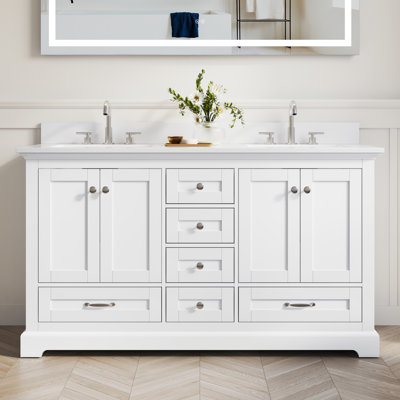 Freestanding Bathroom Vanity With White Cultured Marble Countertop And Sink,
