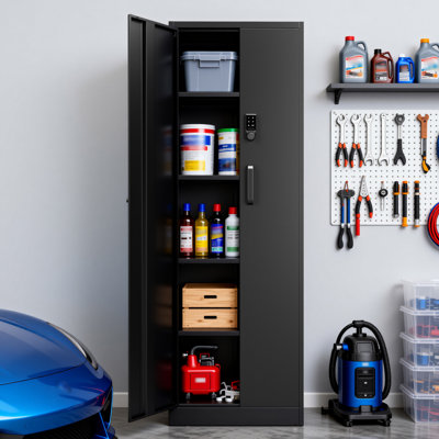 Armoire de rangement mince en acier verrouillable de 180 cm de hauteur avec 4 tablettes réglables, noire