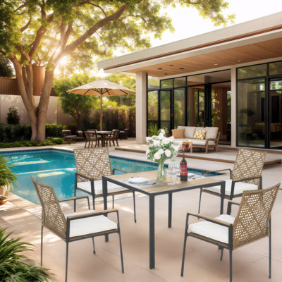 5-Piece Rattan Patio Set with Acacia Wood Table - All-Weather Outdoor Dining & Conversation Furniture