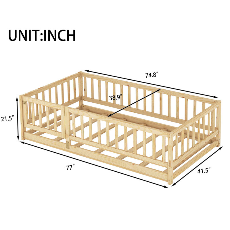 Twin Size Floor Wood Bed, 7 Slats, Twin, Oak