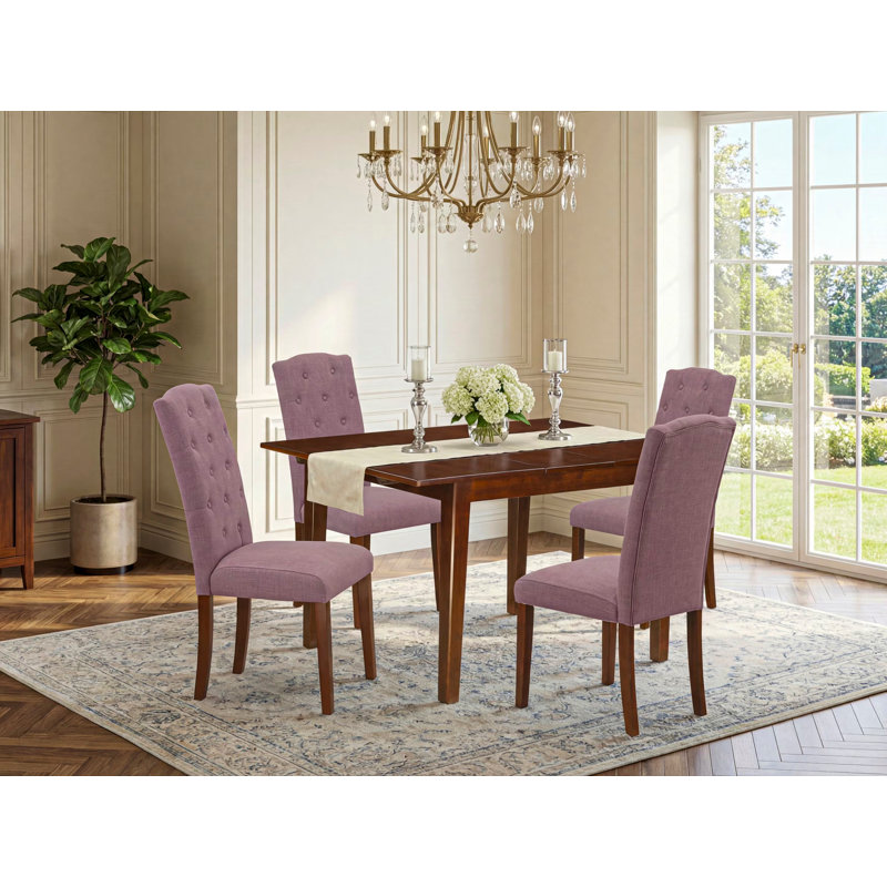 5 Piece Kitchen Table Set for 4 Includes a Rectangle Dining Room Table with Butterfly Leaf and 4 Dahlia Linen Fabric Padded Chairs, Mahogany