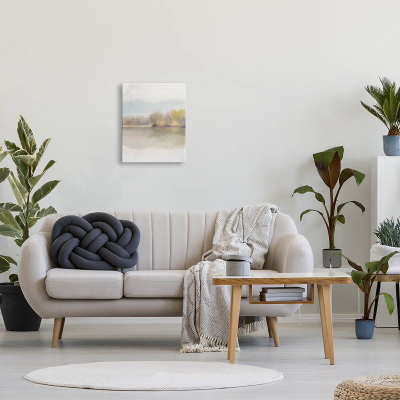 «Misty Distant Lake Landscape Design» par Kim Allen - peinture sur toile tendue, H 20 po x l 16 po x P 1,5 po
